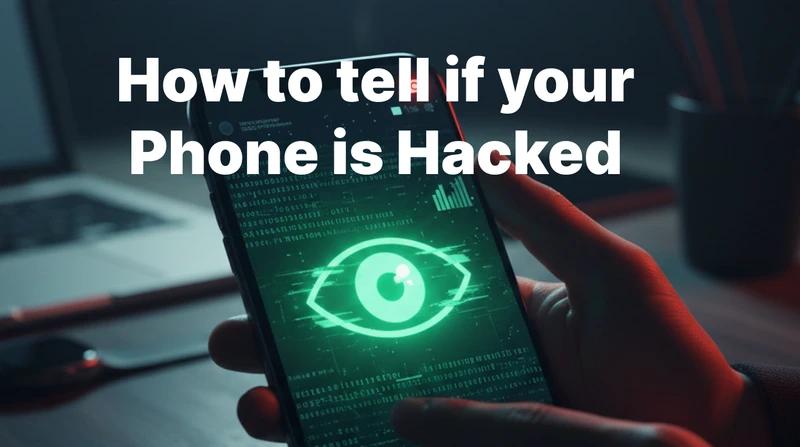 A hand holding a phone with hacking lines with a green eyeball on the phone screen with a word on the image reading, how to tell if your phone is hacked.